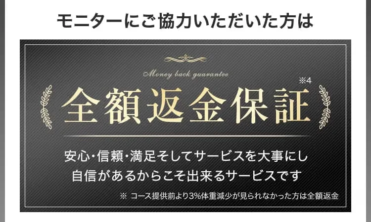 モニターにご協力いただいた方は全額返金保証 ※コース提供前より3%体重減少が見られなかった方は全額返金