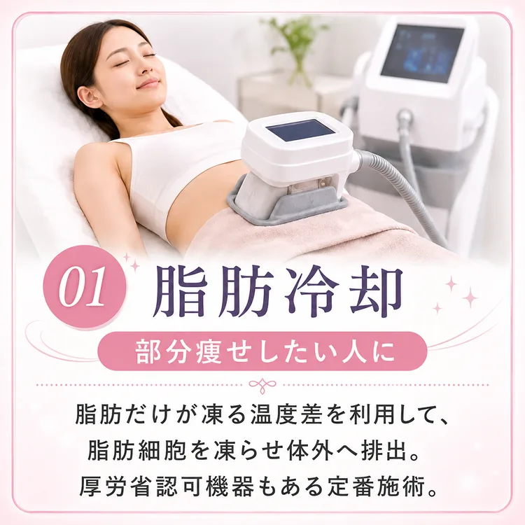 01 脂肪冷却（部分痩せしたい人に）：脂肪だけが凍る温度差を利用して、脂肪細胞を凍らせ体外へ排出。厚労省認可機器もある定番施術
